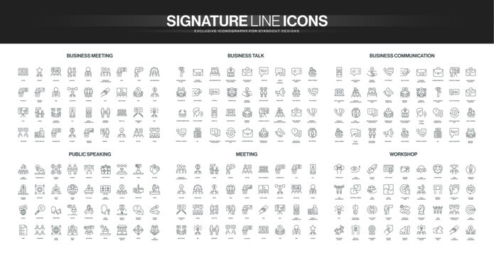 Comprehensive line icon set covering business meetings, communication, public speaking, workshops, and teamwork concepts, ideal for professional and corporate themes isolated vector illustration