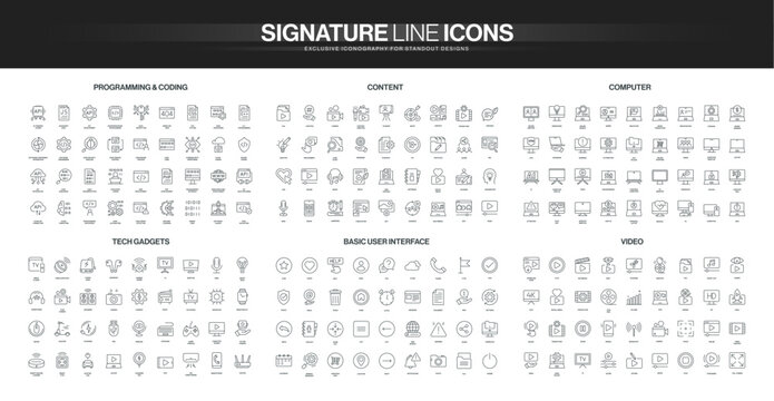 Modern line icons collection covers programming, digital content, computers, tech gadgets, user interface, and video technology, suitable for digital design projects isolated vector illustration