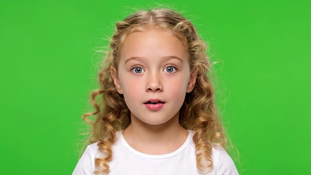 Blonde girl with surprised expression against green background