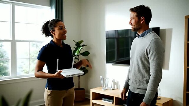 Wide shot of woman holding router gesturing near man in room or Wide shot of people talking near tv in living room