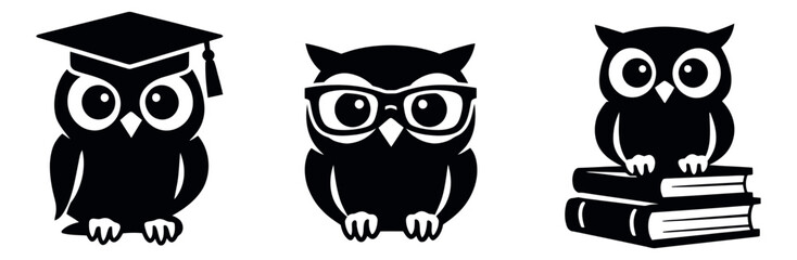 Obraz premium Stylized owl set featuring an owl with a graduation cap, an owl with glasses, and an owl on books for education and wisdom