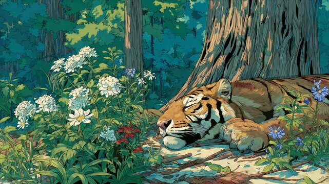 A tiger rests peacefully near flowers and a tree in a lush green forest setting