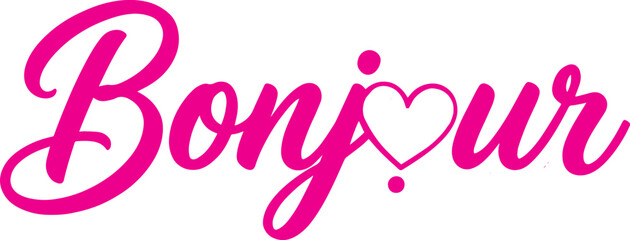 Vector Illustration Bonjour in Vibrant Pink Cursive Script with Heart Replacement and Ink Splatter Details  © Marianna