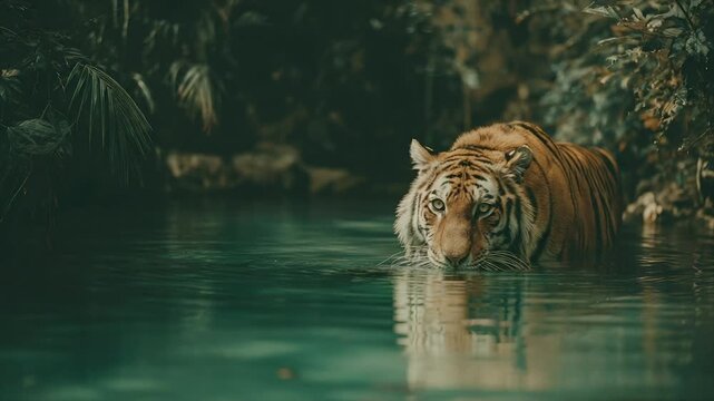 A tiger emerges from tranquil water amidst lush greenery. The tiger stares at the viewer