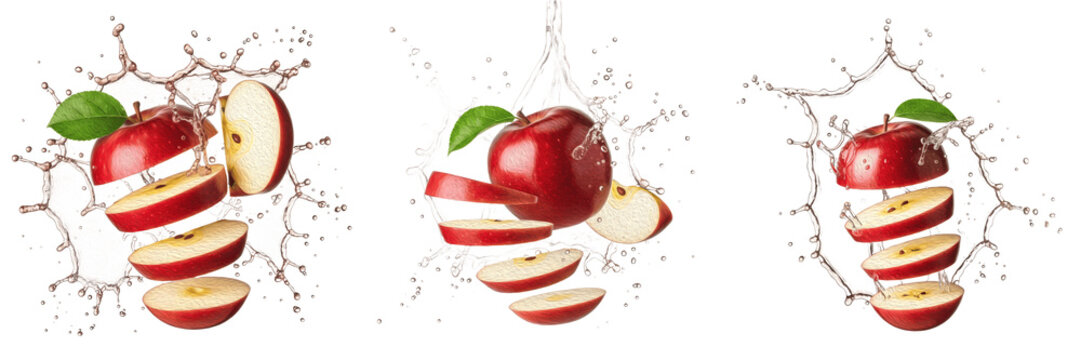 Fresh red apple with apple slices and juice splash explosion isolated on white background, high speed liquid splash photography, apple juice concept for packaging, Malus domestica PNG
