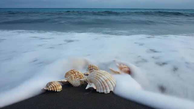 Calm ocean waves washing seashells on sandy beach summer travel wallpaper video. High quality 4k footage
