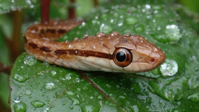 A brown snake with a dark stripe rests on a wet, green leaf covered in droplets