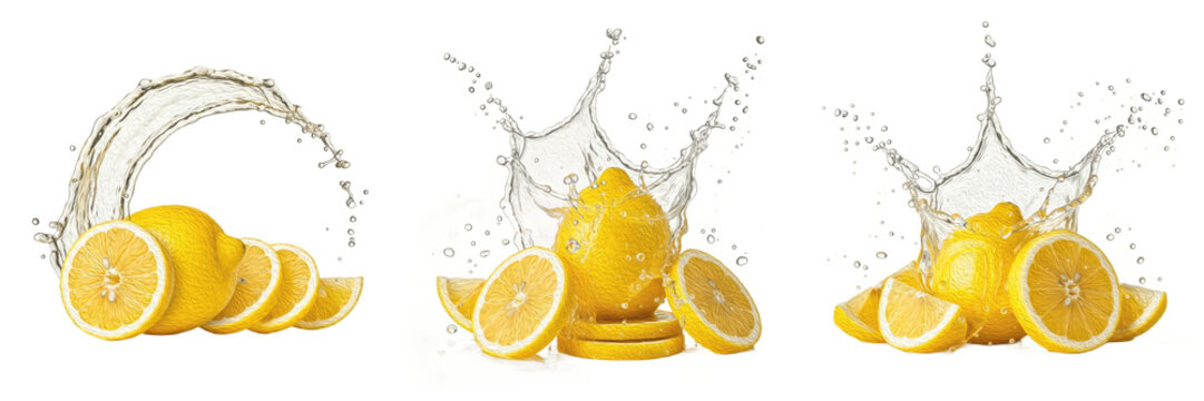 Fresh lemon fruit with lemon slices and citrus juice splash explosion isolated on white background, high speed liquid splash photography, lemon juice concept for packaging, Citrus limon PNG
