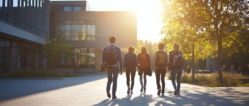 Students Walking Together Towards Bright Sunlit Campus