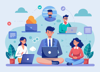 Flat vector illustration of remote business work, team collaborating on a project from different locations with technology