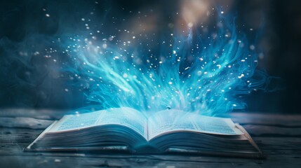 A spellbook opens by itself with pages turning as magical light emits from it in a dimly lit room filled with mystery and enchantment