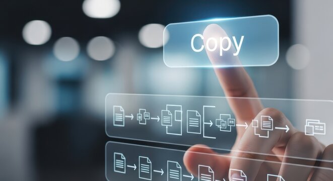 Finger pressing a virtual copy button to duplicate files and replicate successful processes.