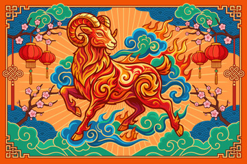 Obraz premium Chinese New Year of fiery sheep 2027. Vibrant vector poster in eastern style
