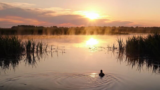 A serene baby coot swims alone in the calm lake at sunrise surrounded by lush greenery and ripples in the water.