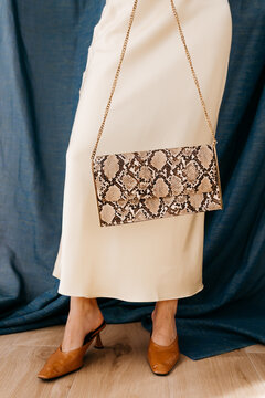 Anonymous woman wearing snakeskin clutch with heels