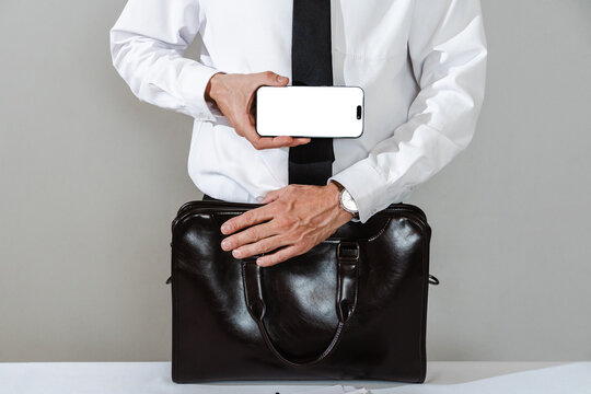 Businessman holding smartphone and leather briefcase
