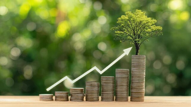 A hand places a tree on a stack of coins with a rising arrow, against a green bokeh backdrop
