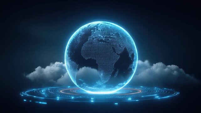 A glowing, digital sphere of Earth surrounded by light and clouds in a dark, techy background