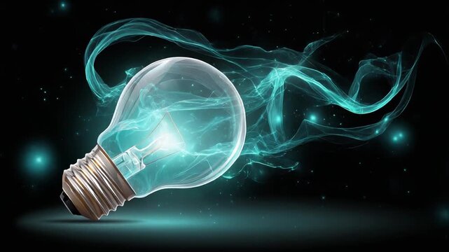 A glowing light bulb radiates energy and abstract teal smoke against a black, starry backdrop