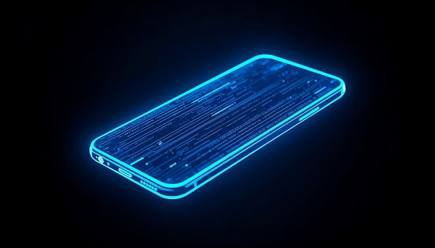 3D perspective of a smartphone silhouette made of glowing blue neon lines on black background