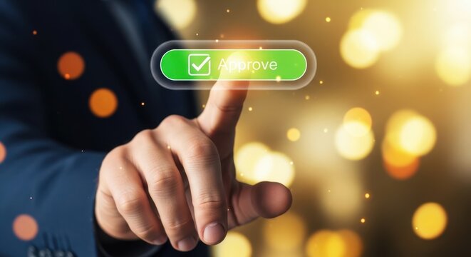 Macro shot of a male hand pressing a virtual approval button on a transparent interface with strong depth of field and bokeh background ()