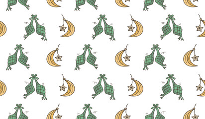 Fototapeta premium Ramadan doodle background. Eid al fitr doodle pattern background. Eid mubarak seamless pattern with crescent moon and ketupat doodle illustration. Ramadan hand drawn background.