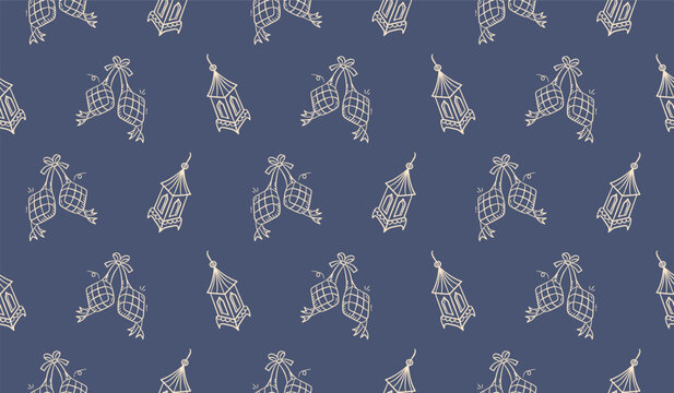 Ramadan doodle background. Eid al fitr doodle pattern background. Eid mubarak seamless pattern with lantern and ketupat doodle illustration. Ramadan hand drawn background.