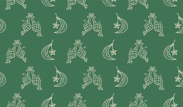 Ramadan doodle background. Eid al fitr doodle pattern background. Eid mubarak seamless pattern with crescent moon and ketupat doodle illustration. Ramadan hand drawn background.