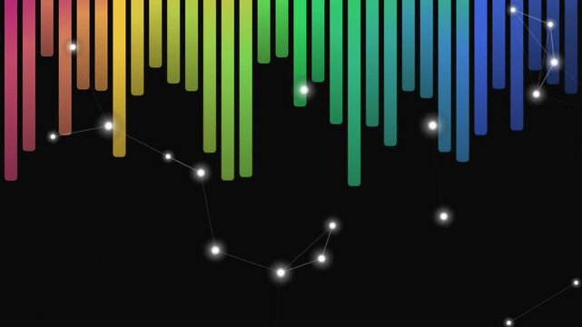 Multicolor Linear Rhythm Bar Graph with Floating Constellation Particles Motion Graphics on Black Background