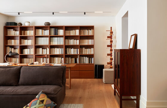Interior of a living room sofa and bookshelf
