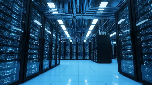 Rows of illuminated server racks in a modern data center with blue lights and reflections.