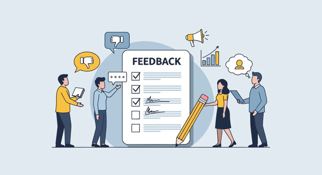 Illustration of diverse people giving feedback with checklist and communication icons.