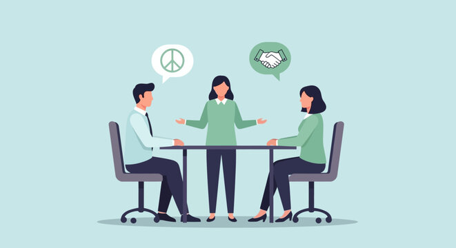Business meeting with three professionals discussing ideas and teamwork.