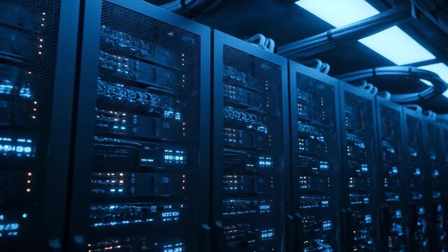 Rows of data center server racks with blue lights and cables.