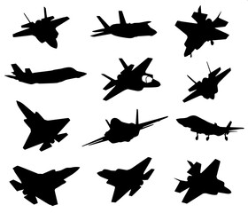 Military fighter aircraft top view black silhouette, flat vector icon style, symmetrical jet wings and tail fins, monochrome design