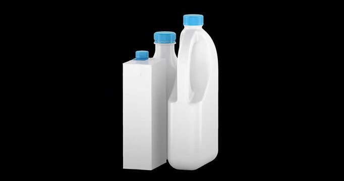 Set blank milk packaging rotation animation seamlessly loopable. 3D rendering isolated on transparent background