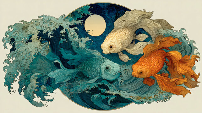 Koi Fish Yin Yang Ocean Waves Japanese Woodblock Style