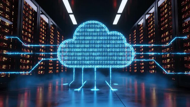 Abstract digital cloud icon formed by binary code glows blue in a server room with data streams.