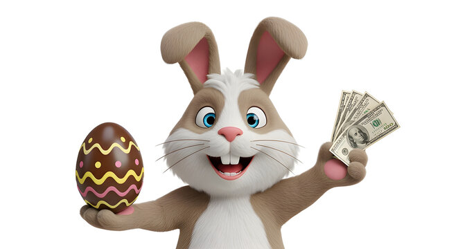 Easter bunny holding chocolate egg and money