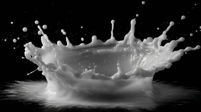 A detailed image of a splash of white liquid, forming a crown shape against a dark background