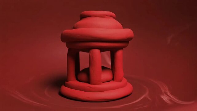Pagoda style miniature structure made from clay in monochrome red sculptural design.