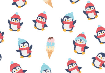 Fototapeta premium Seamless pattern with cute winter penguins wearing hats and scarves with ice cream cones, perfect for kids textiles and holiday designs