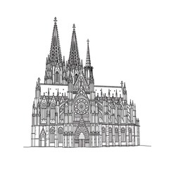 Fototapeta premium A detailed black and white line drawing depicts the ornate Gothic facade of a large European cathedral.