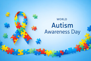 World Autism Awareness Day Banner With Colorful Puzzle Ribbon on Blue Background