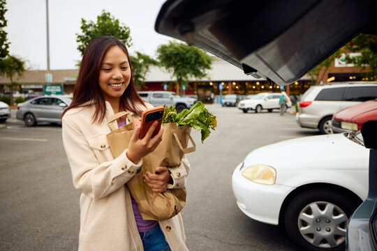 Woman comes back from the store