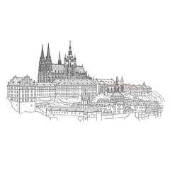 Fototapeta premium A black and white line drawing shows the intricate outline of Prague Castle complex situated above surrounding cityscape elements.