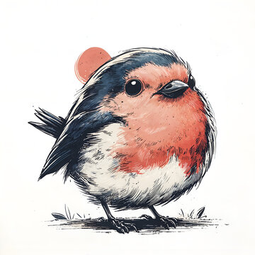 Cute round robin bird illustration with red breast and sun