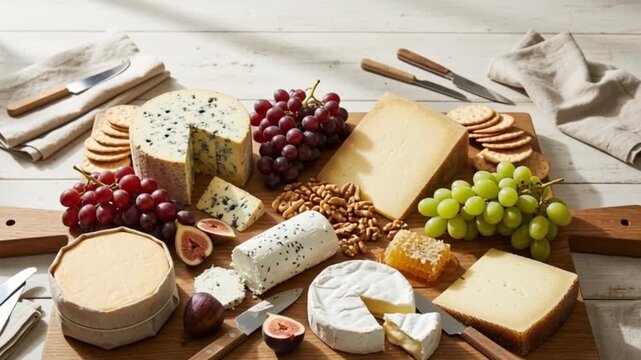 A collection of various artisanal cheeses on a wooden board with grapes