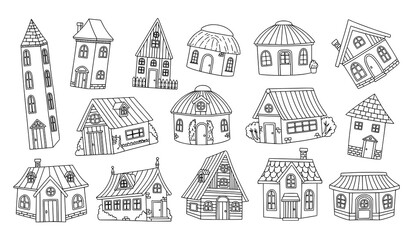Fototapeta premium Scattered Cute Doodle Houses Hand Drawn Home Outline Vector Building Clipart Set
