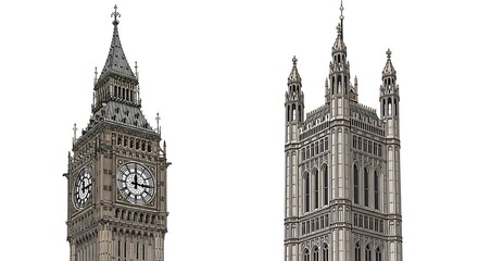 Fototapeta premium The Elizabeth Tower clock face and the Victoria Tower section of the Houses of Parliament stand side by side as architectural elements.